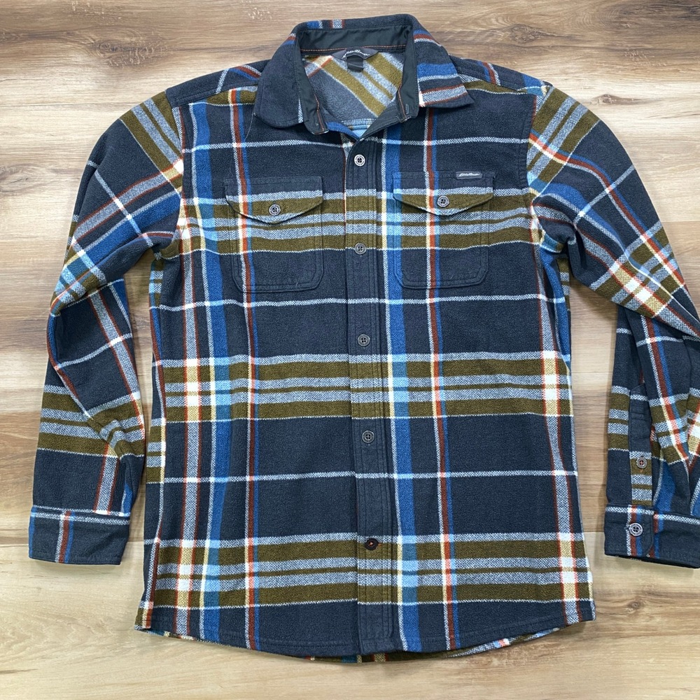 Eddie Bauer Fleece Shirt Mens Small Gorpcore Plaid Polyester Button Up Blue Navy